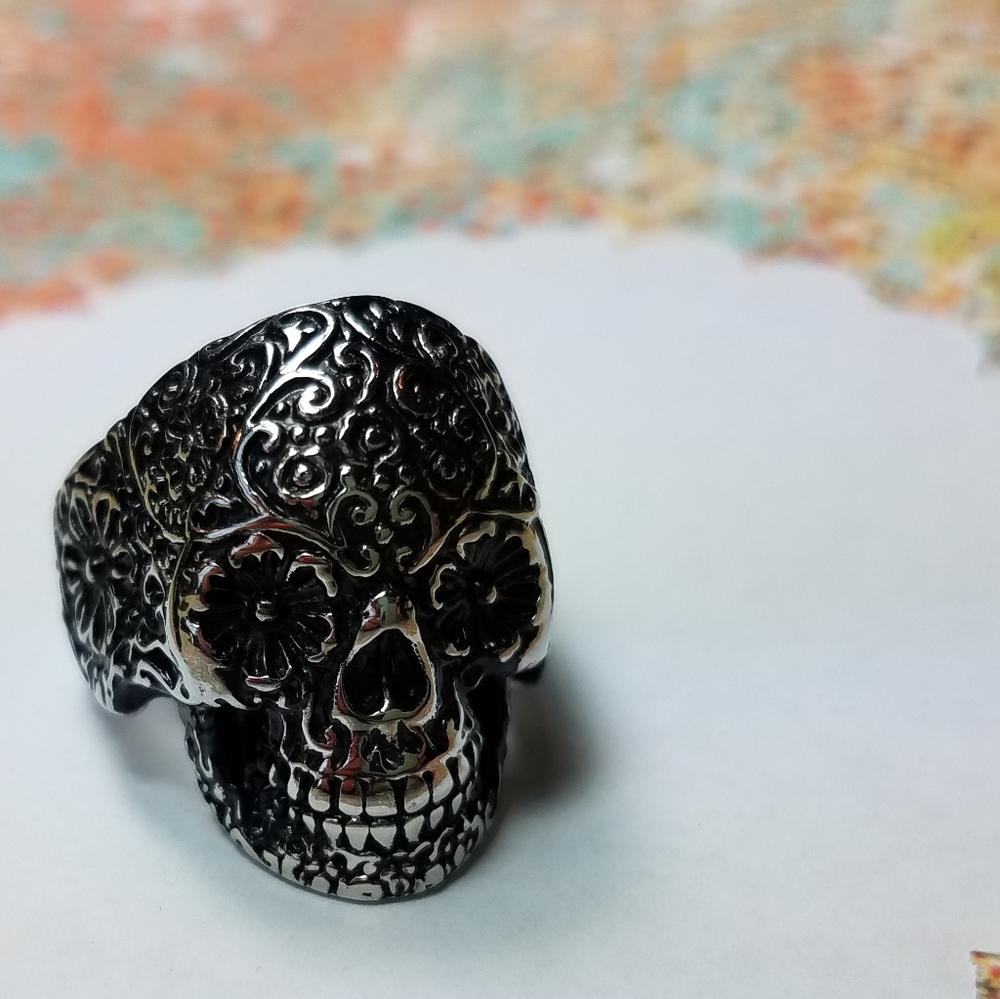 Stainless Steel Day of the Dead Ring w/ Gift Box